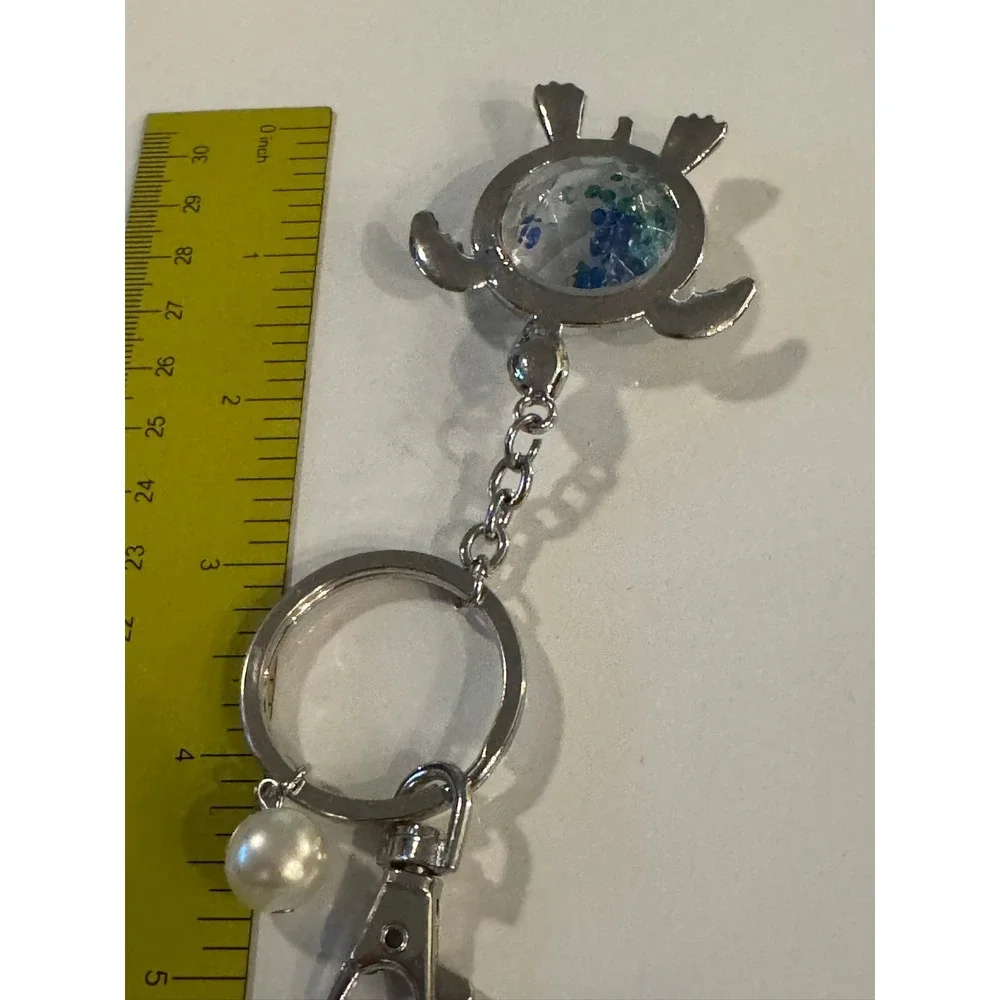 Silver Sea Turtle Shaker Keychain Blue Green Crystals AB Rhinestones Pearl Charm